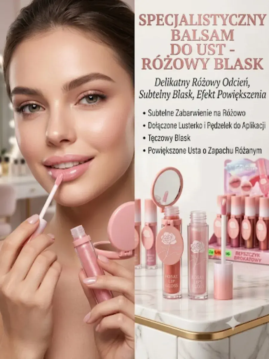 Rosae Lip Gloss różowy błyszczyk do ust z lusterkiem i pędzelkiem