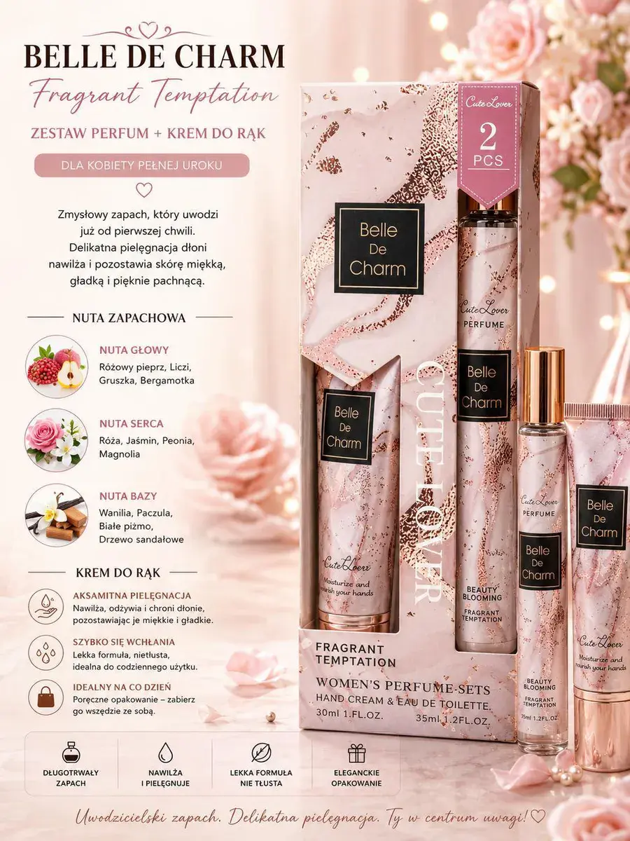 Belle De Charm Zestaw Perfum i Krem do Rąk Różowo-Złoty