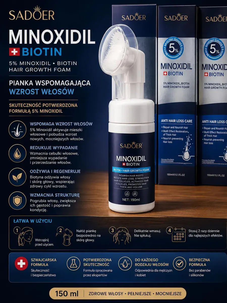 Sadoer Minoxidil 5% Biotin Pianka Wzrost Włosów 150ml