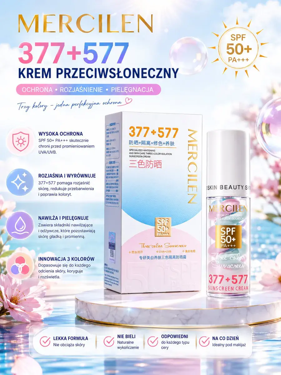 MERCILEN 377+577 Krem Przeciwsłoneczny SPF 50+ PA+++ Rozjaśniający