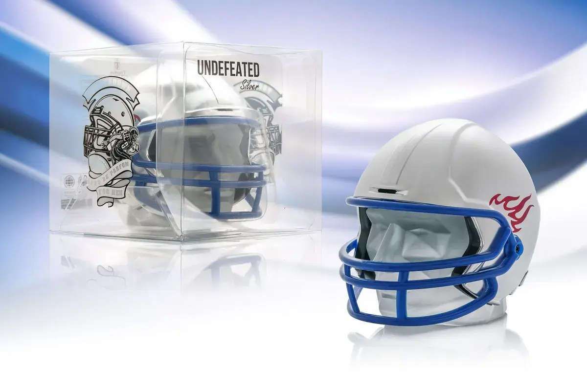 Perfumowany flakon Kask Football biały z niebieską kratą