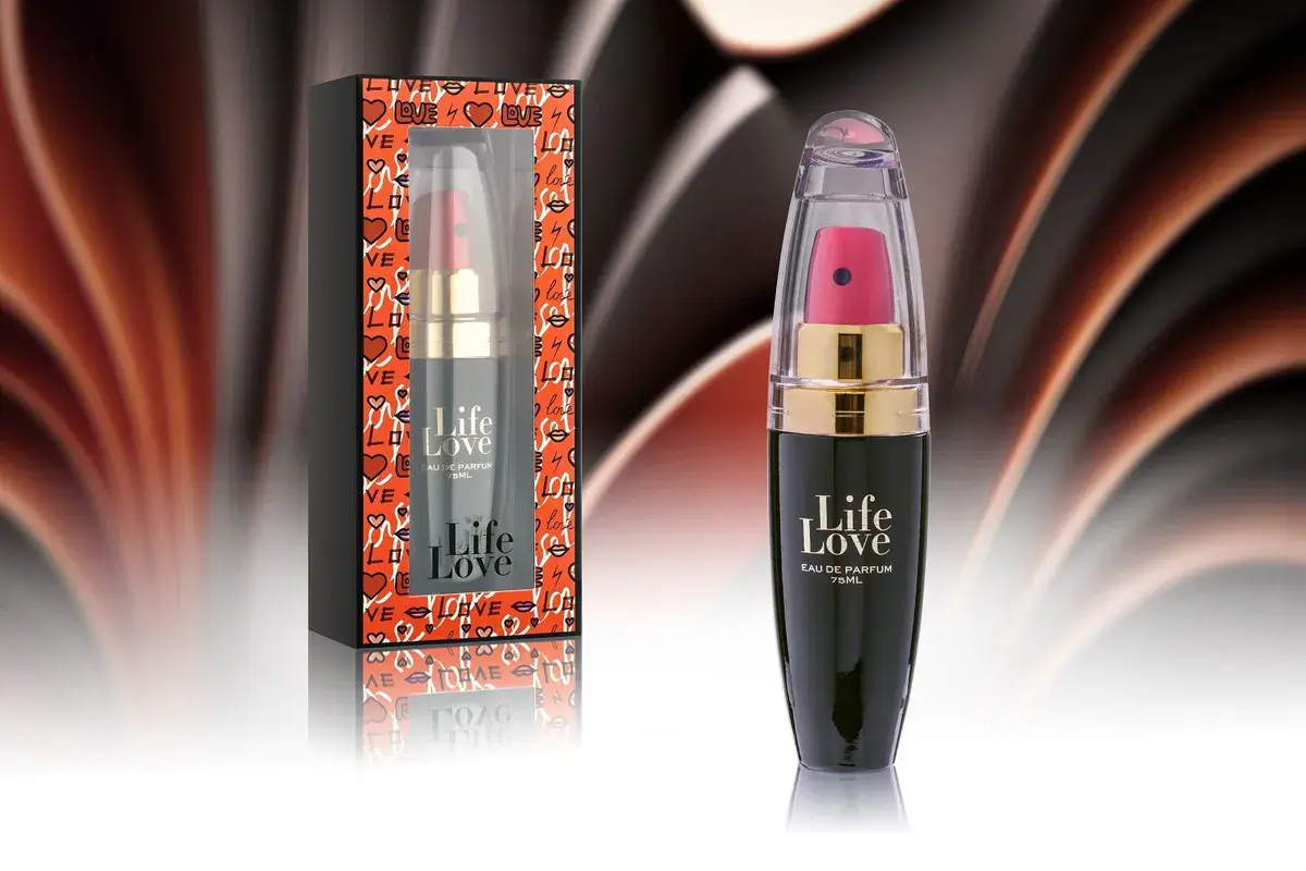 Life Love czarny flakon perfum 75 ml z różowym atomizerem