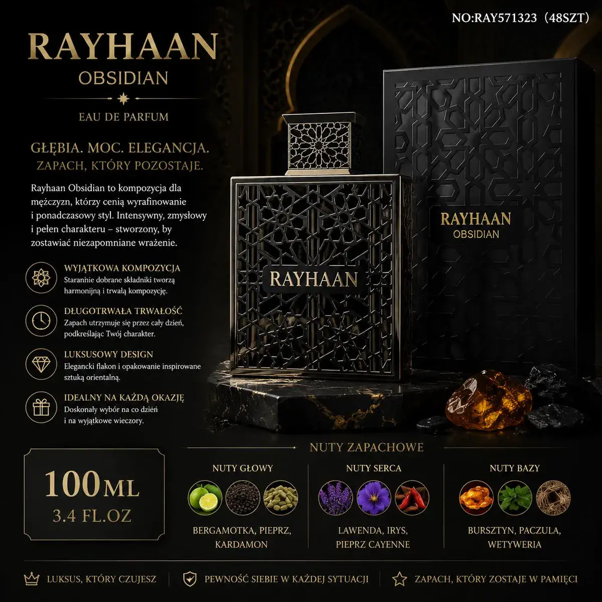 Rayhaan Obsidian Eau de Parfum 100ml męski zapach orientalny