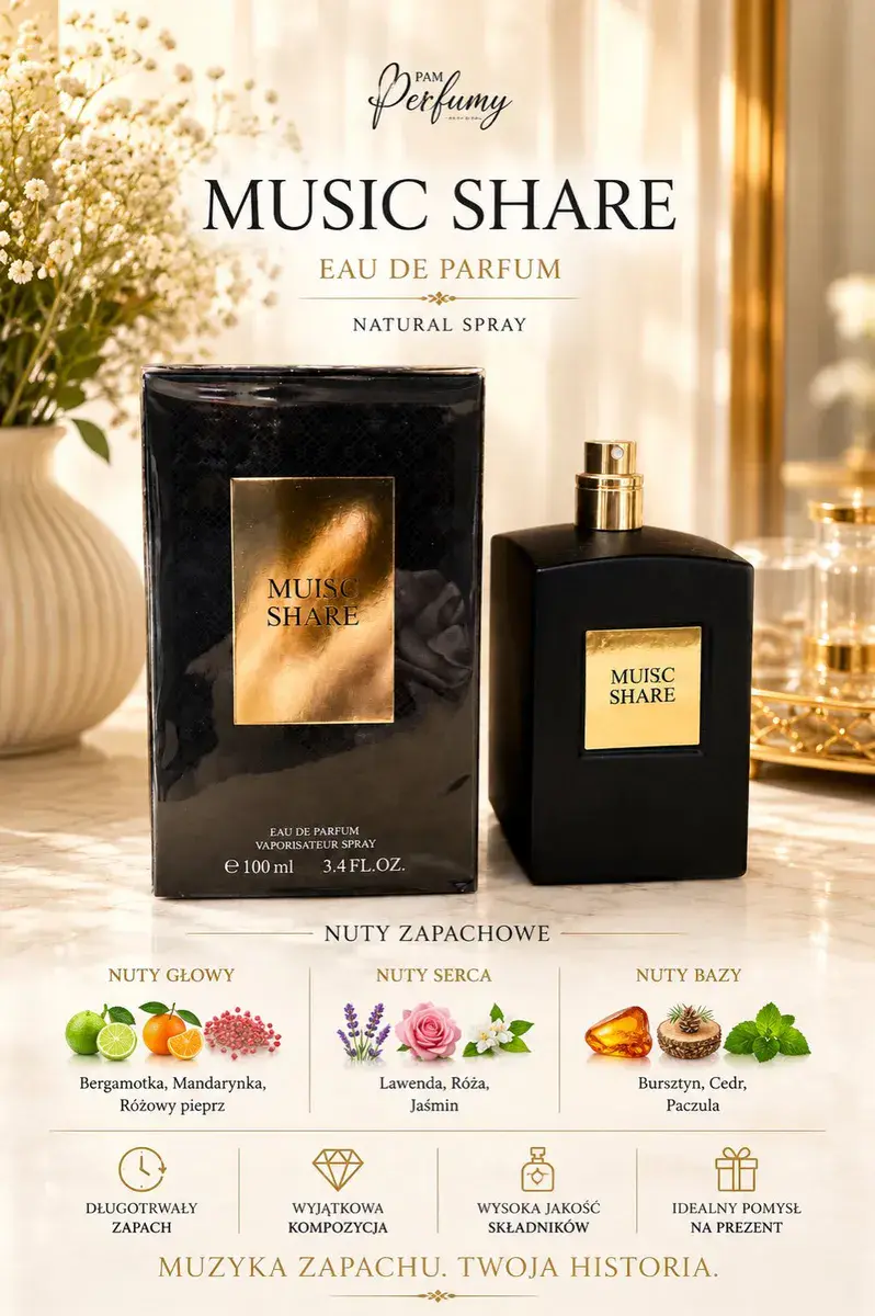 Perfumy Music Share 100ml czarne flakon z złotą etykietą