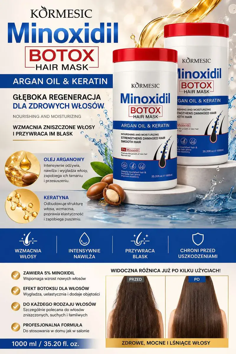 KORMESIC Minoxidil Botox Hair Mask 1000 ml z olejem arganowym i keratyną