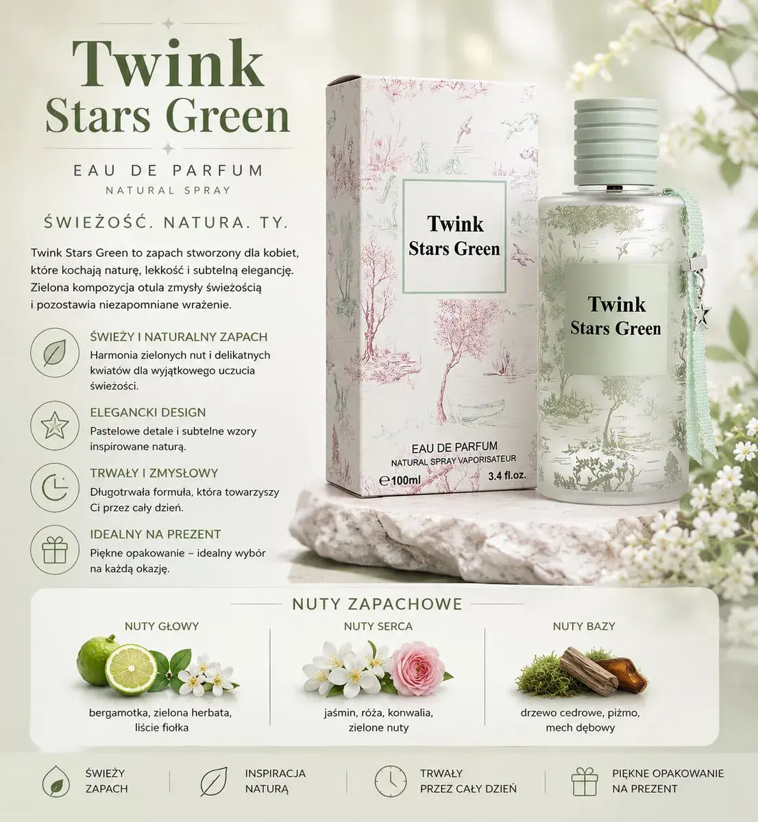 Twink Stars Green Perfumy 100ml z naturalnym zapachem i eleganckim designem