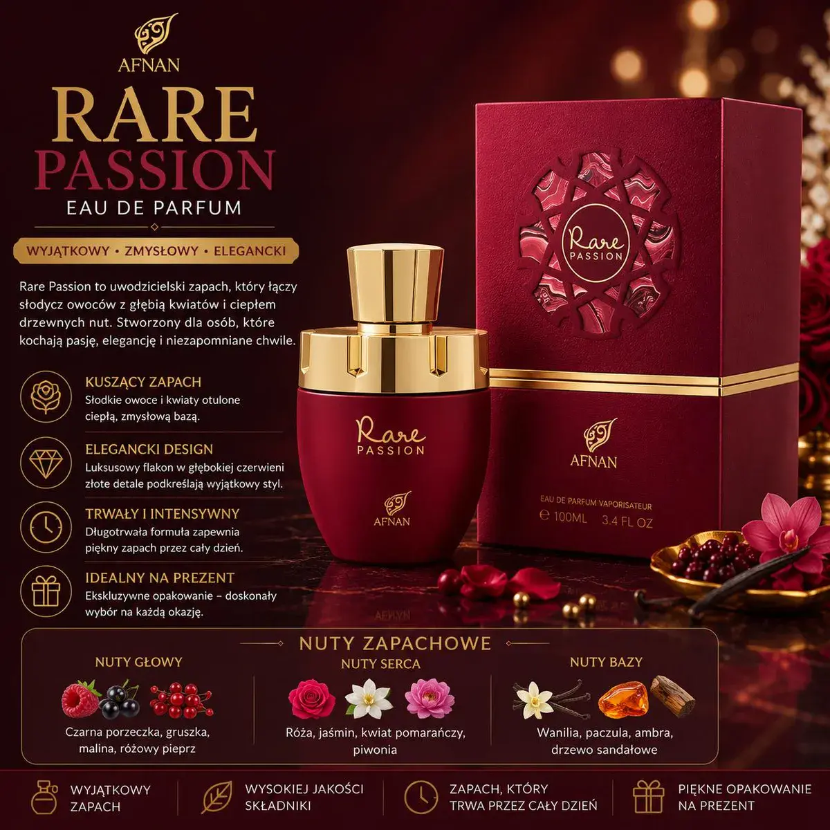Perfumy Rare Passion 100ml czerwone z złotymi detalami