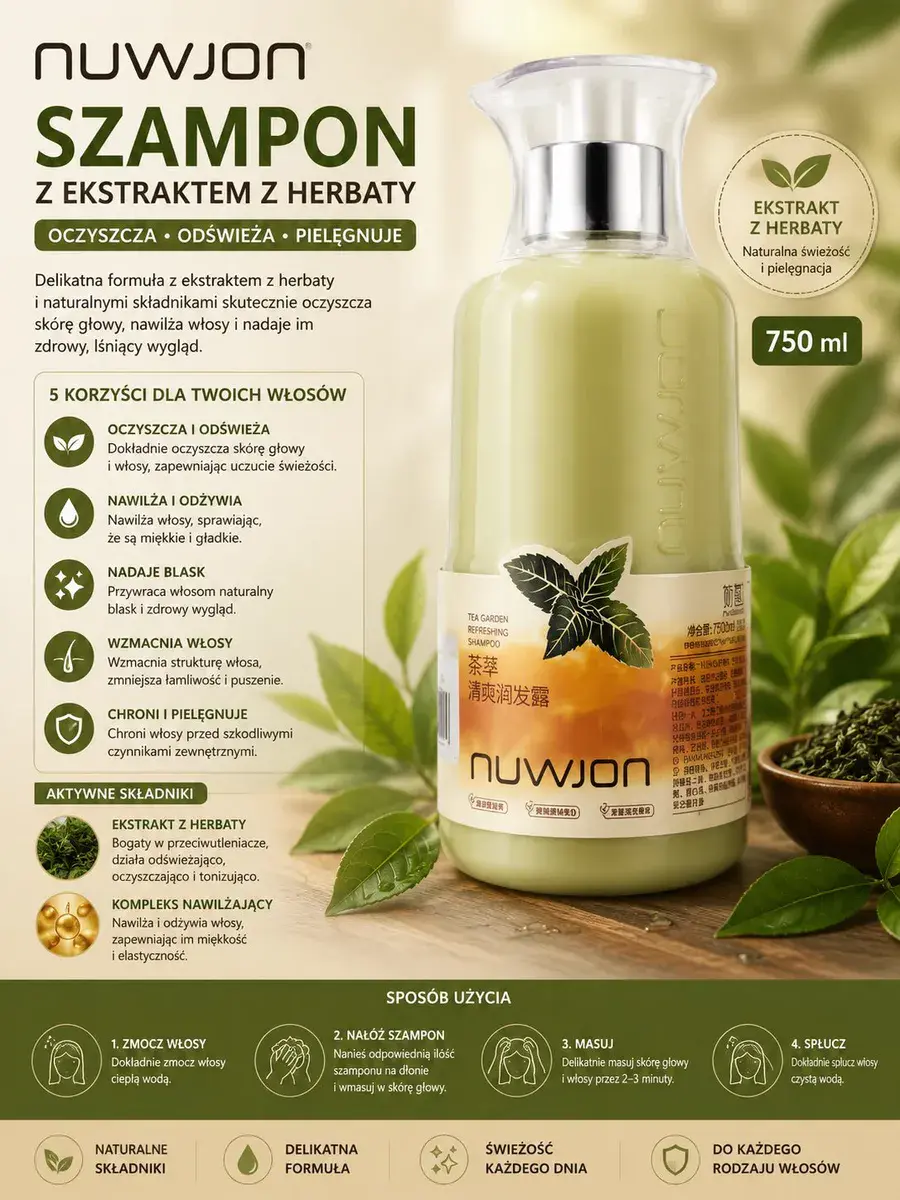 Szampon z ekstraktem z herbaty 750 ml naturalna pielęgnacja włosów