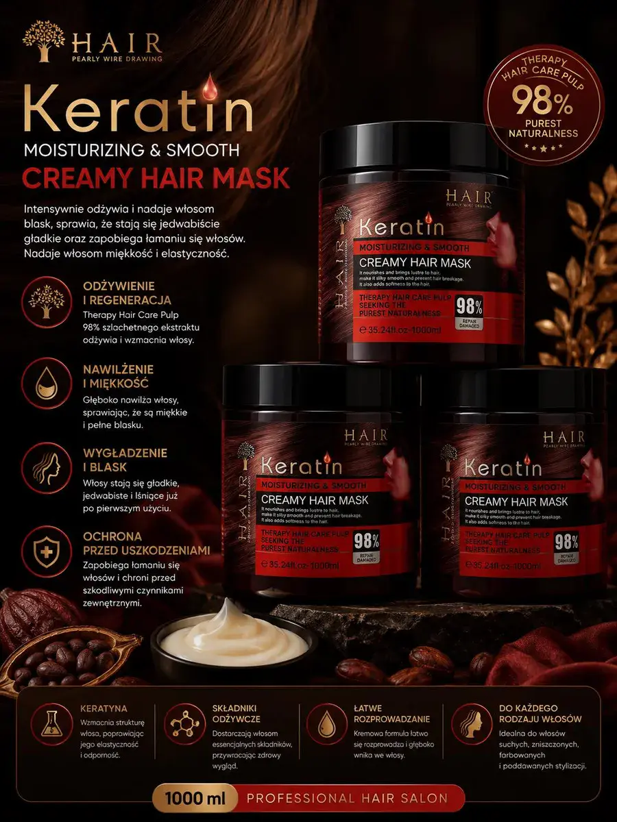 Keratin Creamy Hair Mask 1000 ml nawilżająca i wygładzająca
