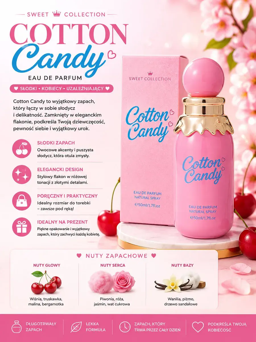 Cotton Candy Eau de Parfum 50ml różowy flakon z złotymi detalami