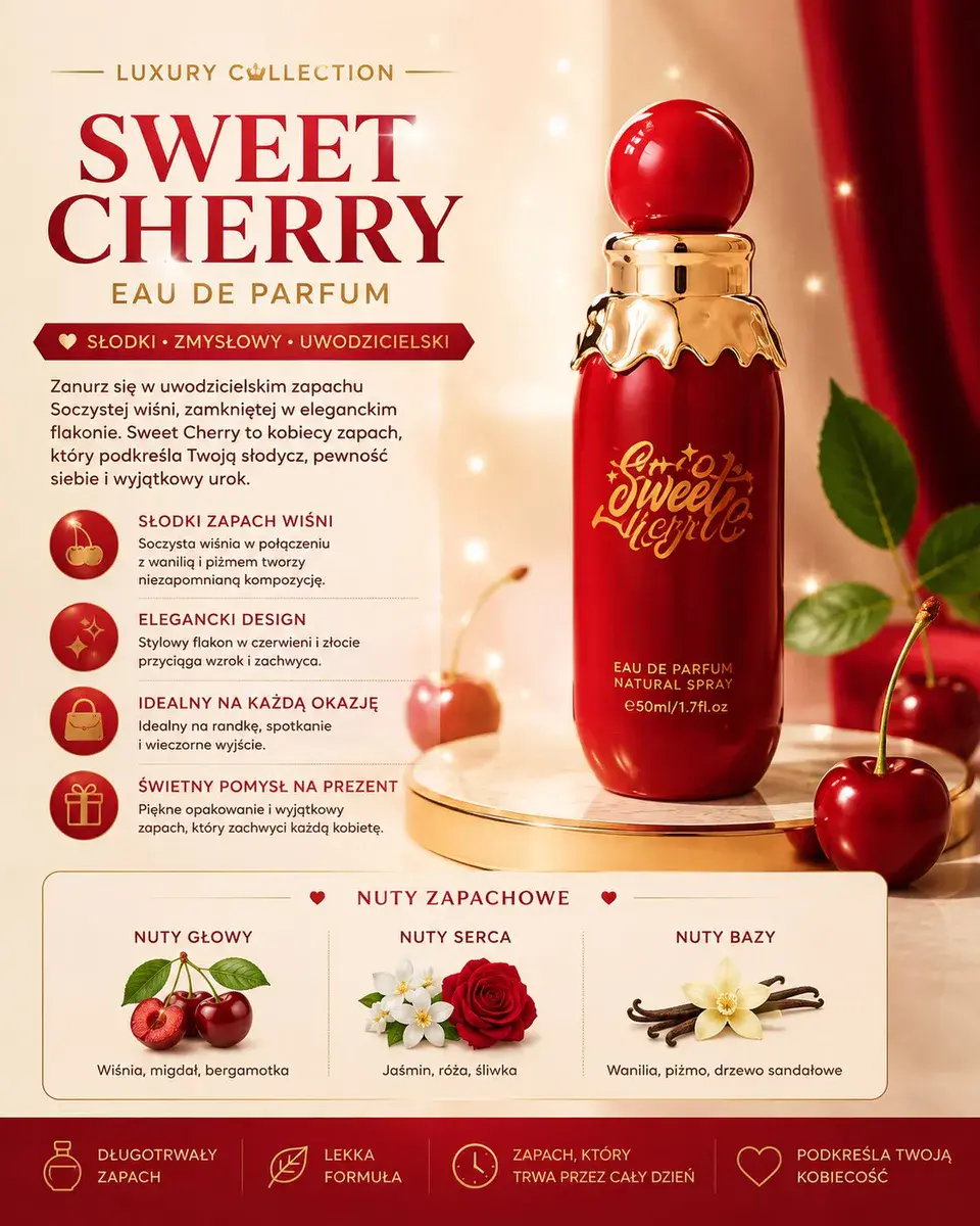 Sweet Cherry Eau de Parfum 50ml czerwony flakon z złotem