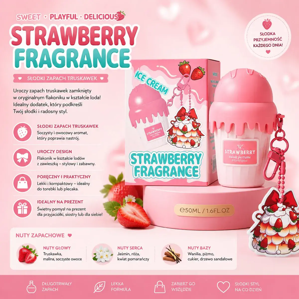 Perfumy Strawberry Fragrance 50ml o zapachu truskawki z brelokiem