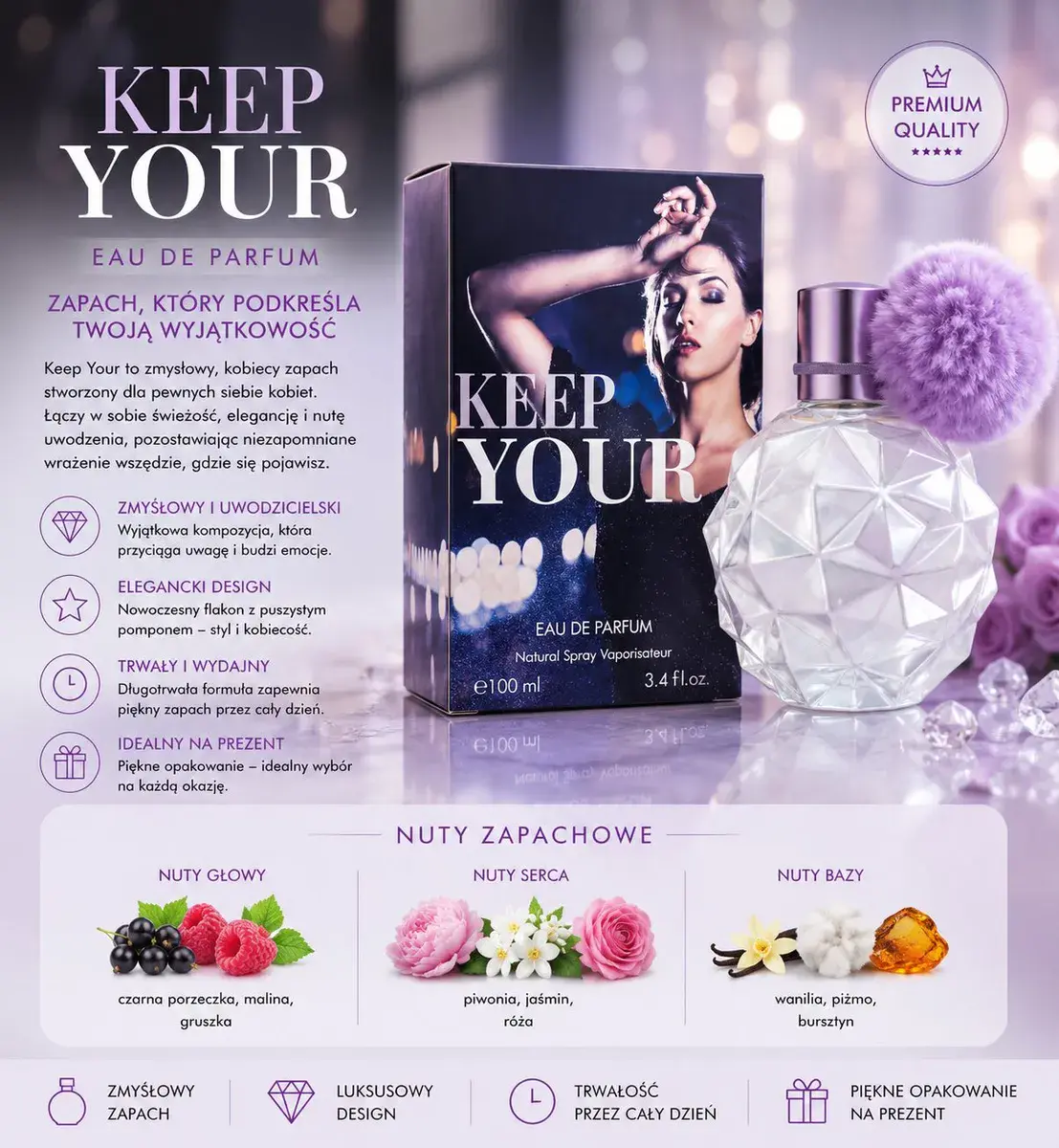 Perfumy Keep Your 100ml z fioletowym pomponem, damskie