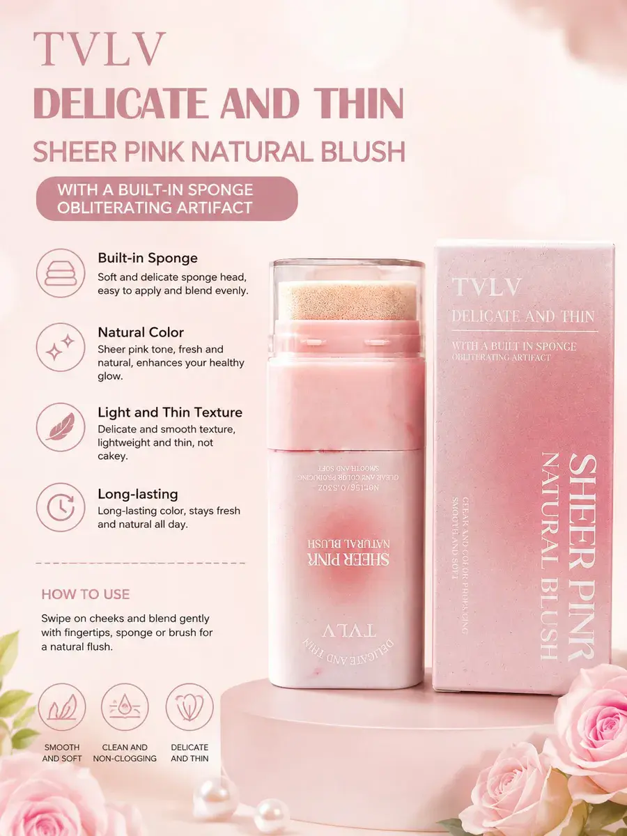 TVLV Sheer Pink Natural Blush z gąbką 6g