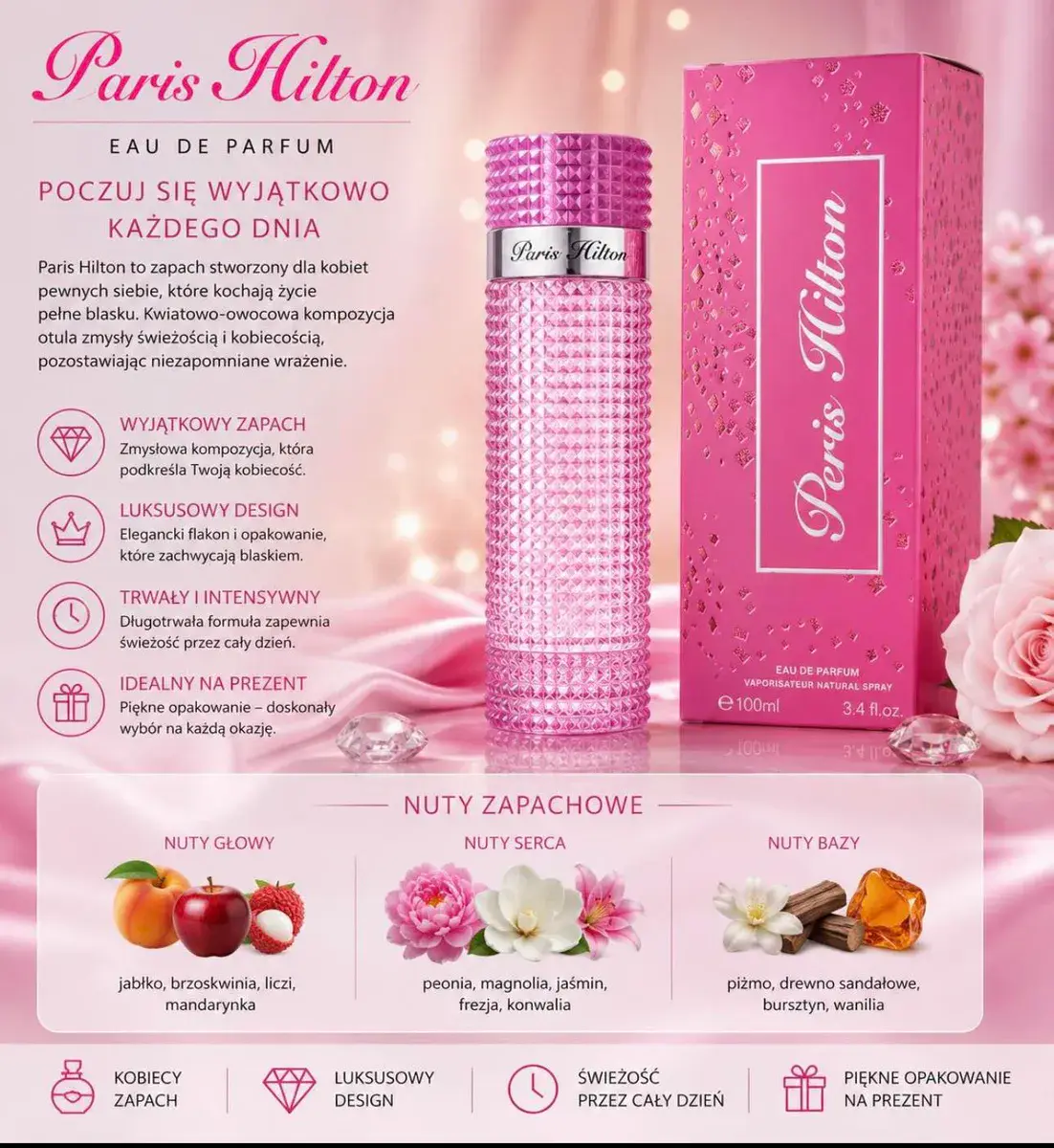 Paris Hilton Perfumy damskie 100ml różowy flakon luksusowy design