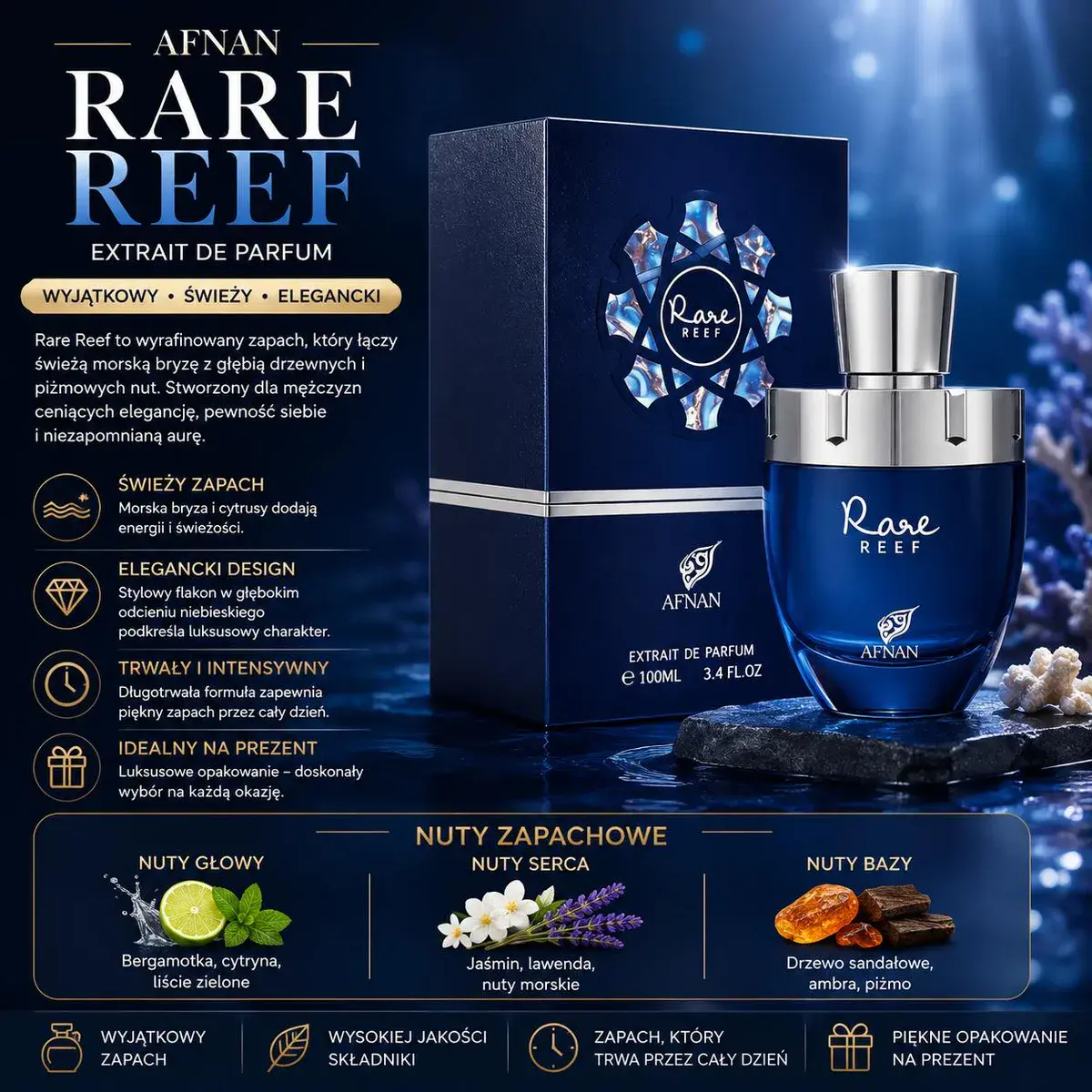 Perfumy męskie Afnan Rare Reef 100ml granatowy flakon