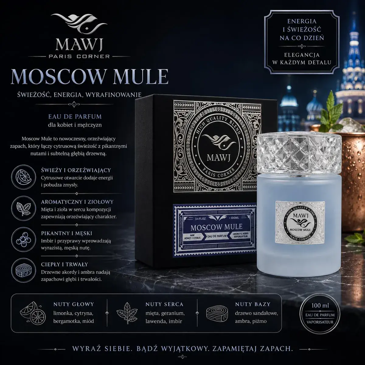Perfumy MAWJ Moscow Mule 100ml świeży, pikantny zapach unisex