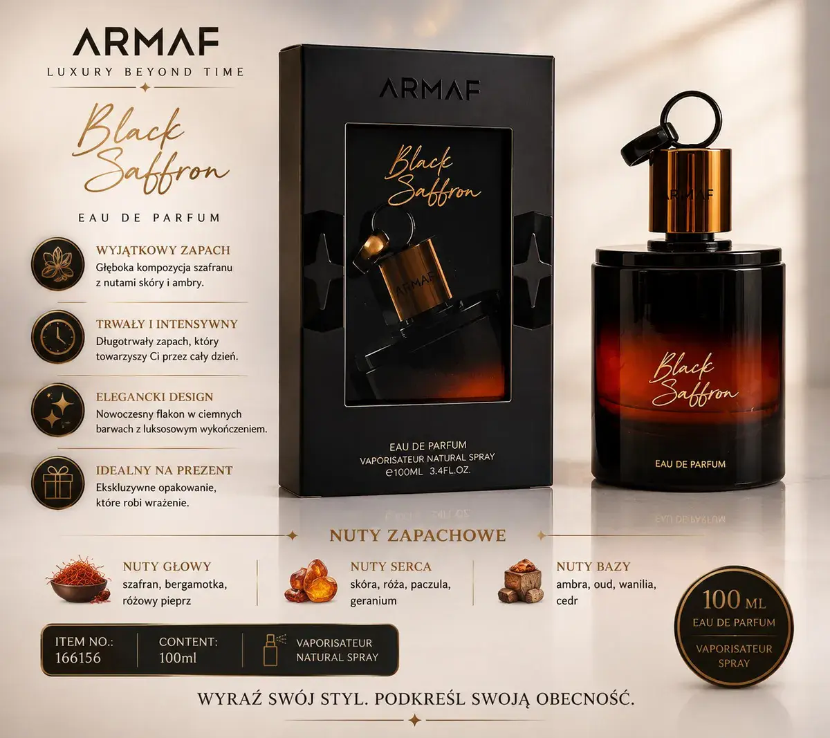 Armaf Black Saffron Perfumy 100ml z nutami szafranu i ambry