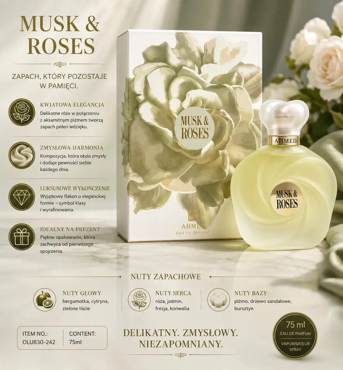 Perfumy Musk & Roses 75ml z nutami piżma i róży