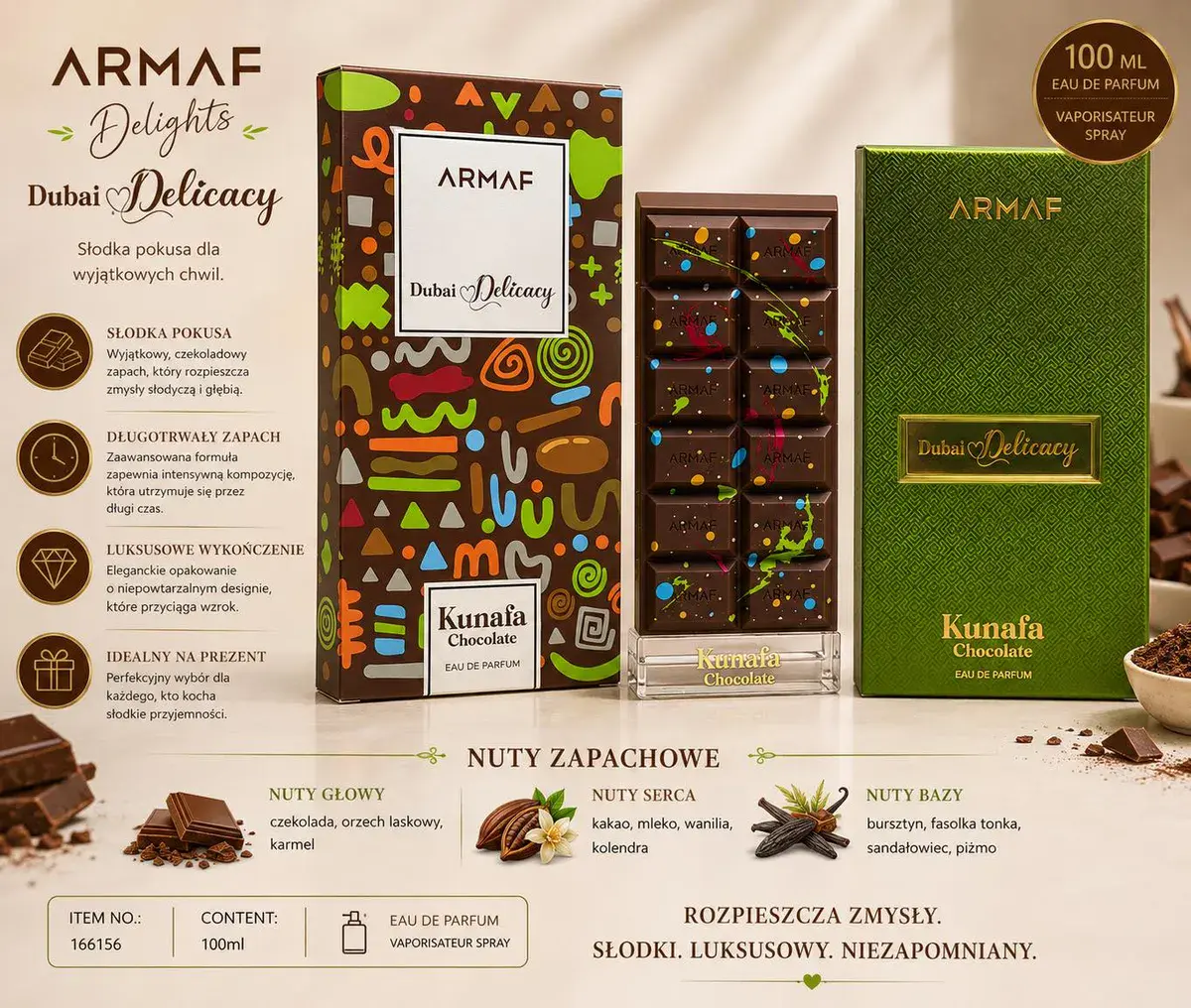 Perfumy Armaf Kunafa Chocolate 100ml z nutami czekolady i wanilii