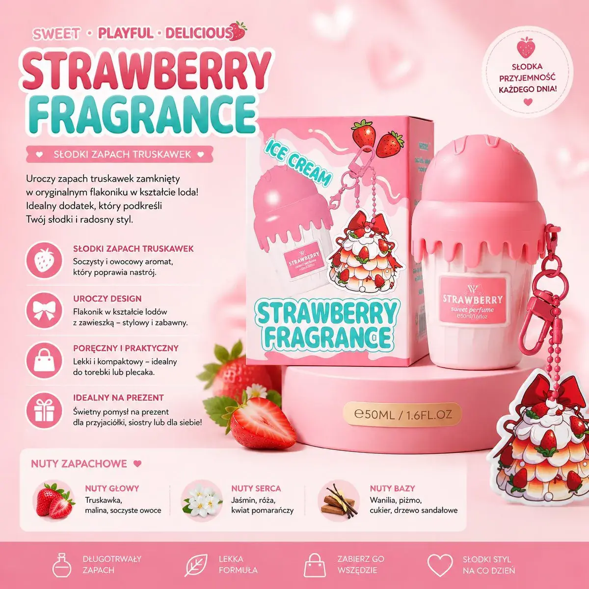 Perfumy Sweet Perfume Strawberry 50ml z zawieszką różowe