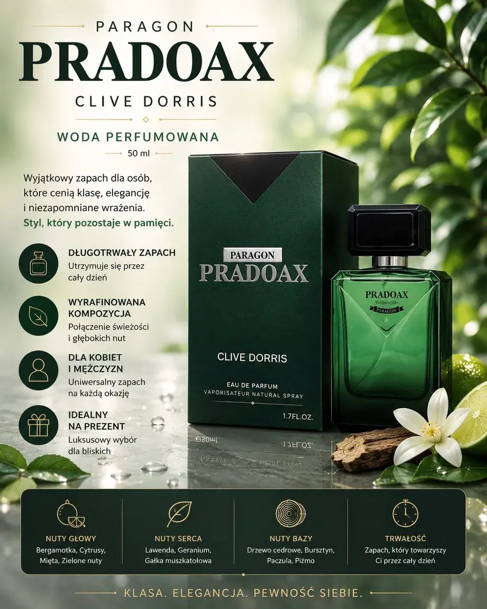 Pradoax Paragon Clive Dorris woda perfumowana 50 ml zielona butelka