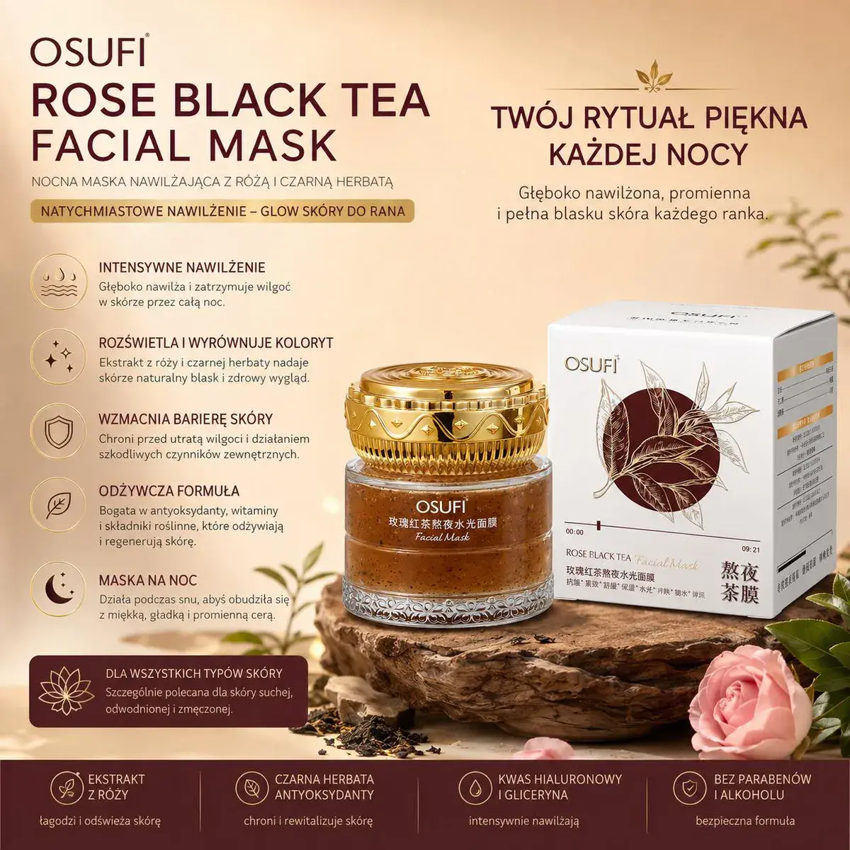 OSUFI Rose Black Tea Facial Mask nocna maska nawilżająca z różą i czarną herbatą