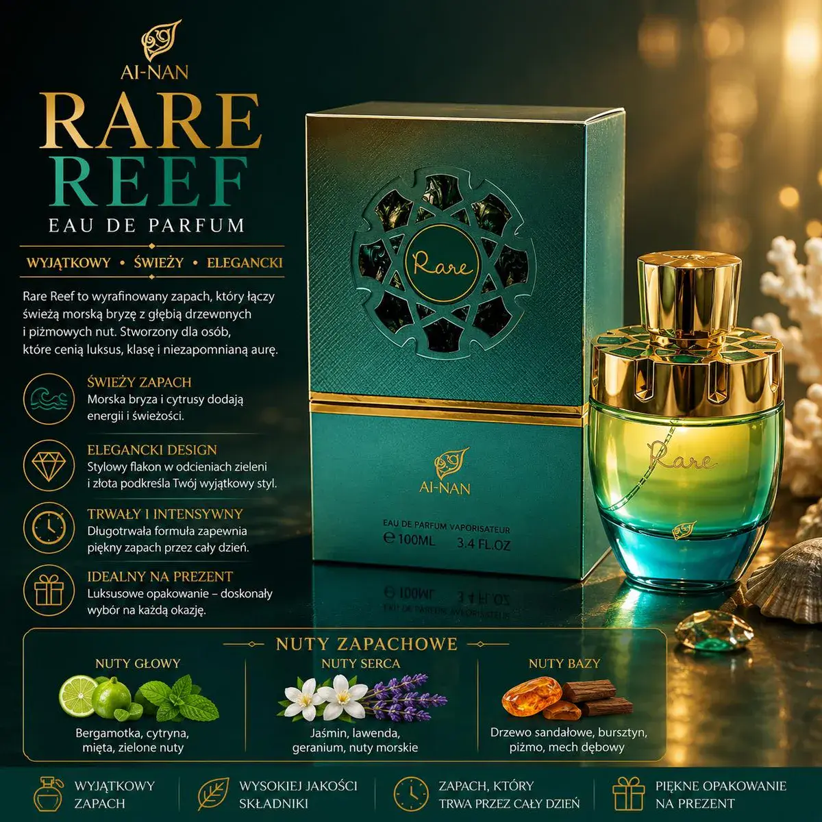 Perfumy Rare Reef 100ml zielono-złoty flakon z nutami morskimi