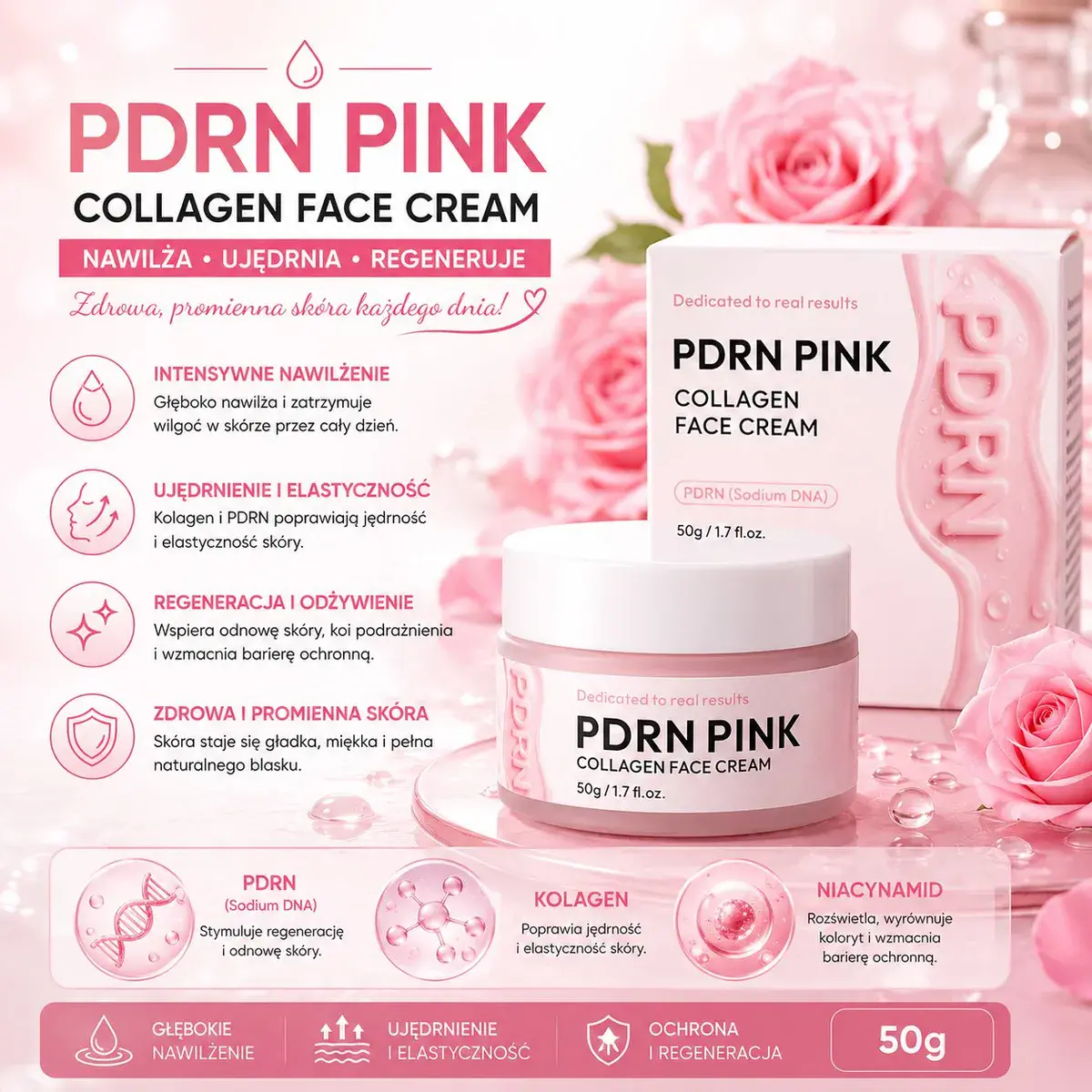 PDRN PINK Collagen Face Cream krem do twarzy 50g nawilżający i ujędrniający