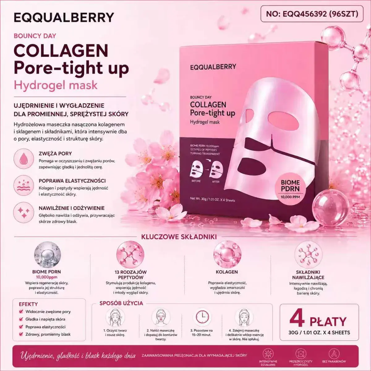 EQQUALBERRY Collagen Pore-tight up Hydrogel Mask 4 płaty nawilżające