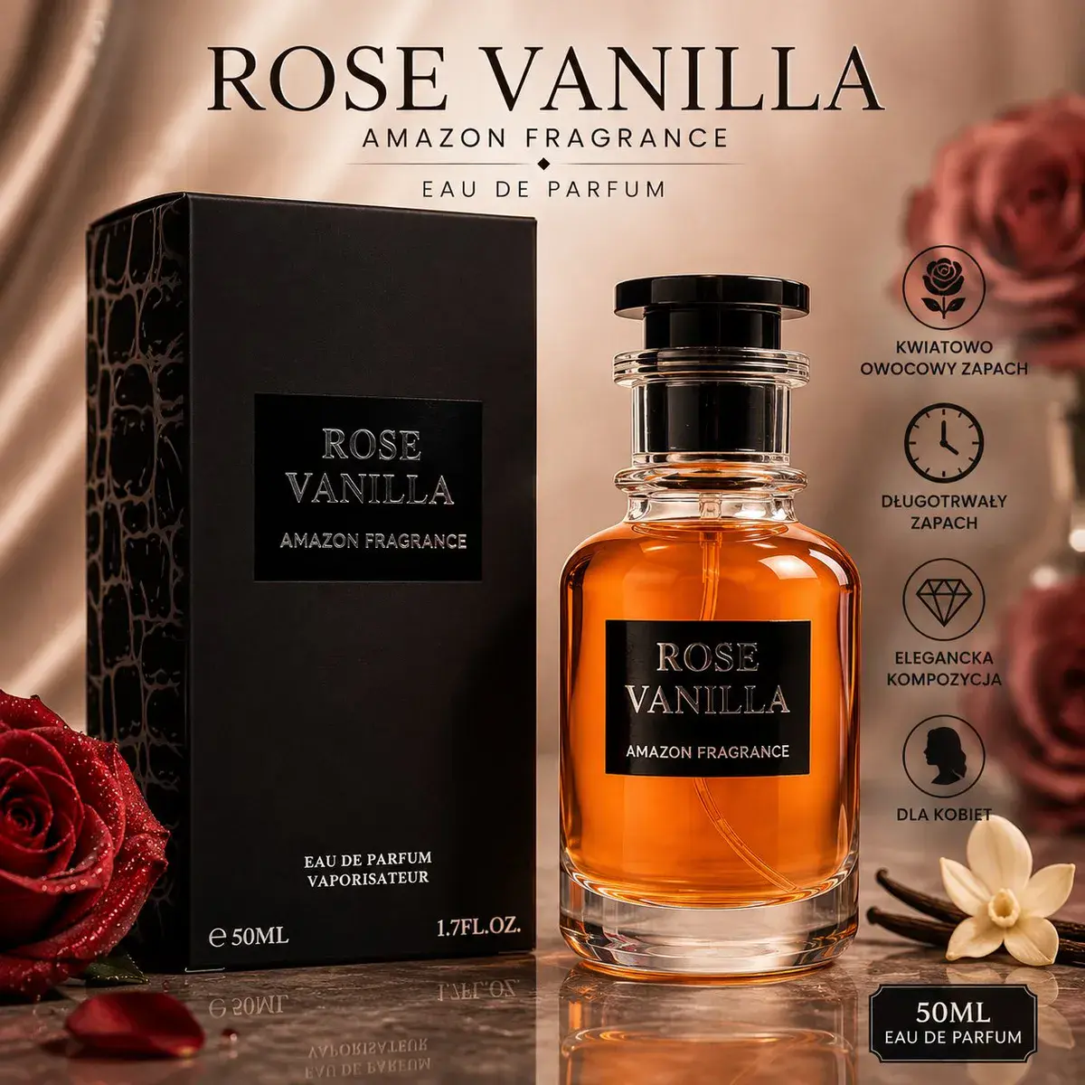 Perfumy Rose Vanilla 50ml z kwiatowo-owocowym zapachem dla kobiet