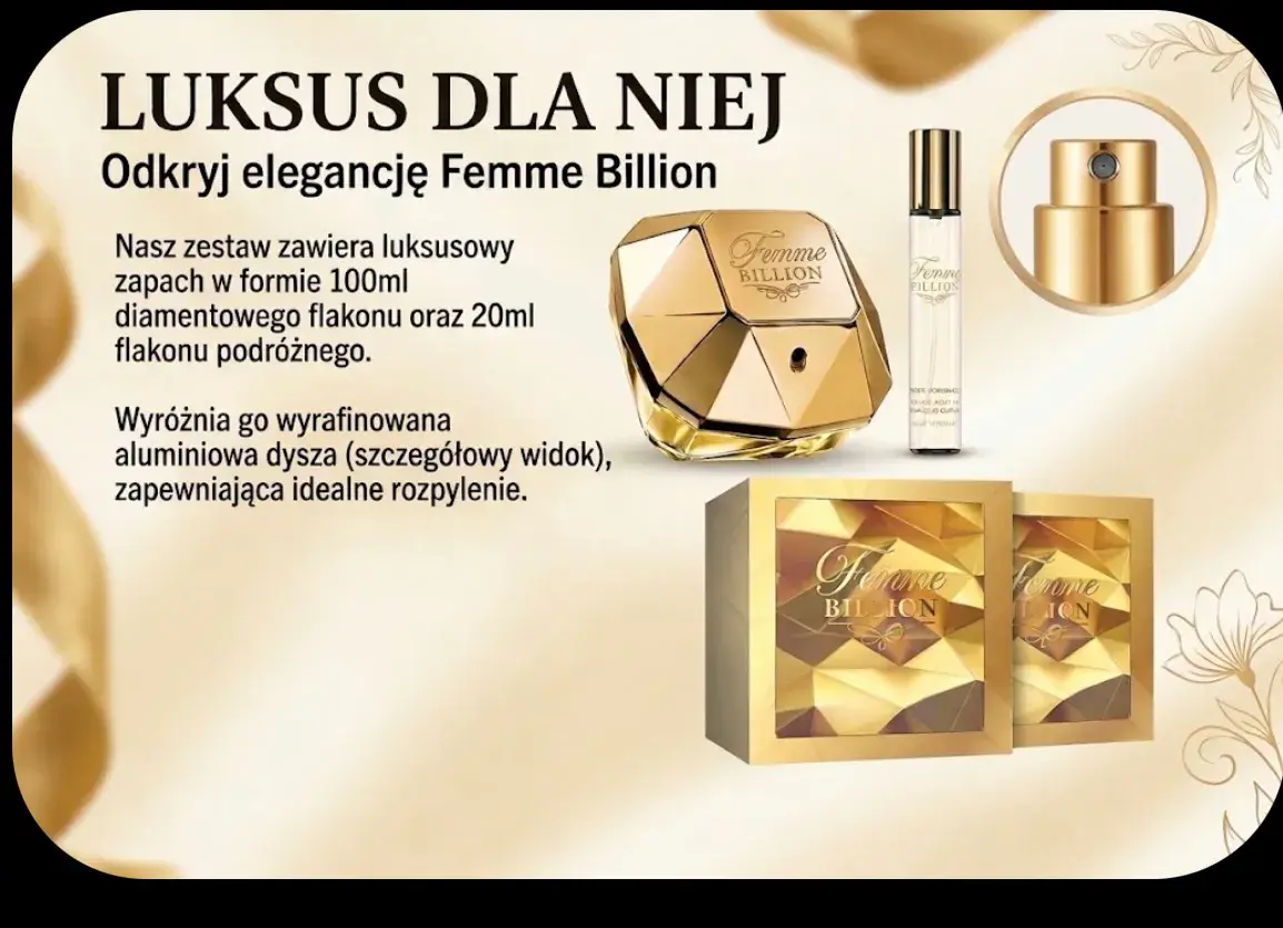 Komplet Perfumy Femme Billion 100 ml + 20 ml złoty flakon diamentowy