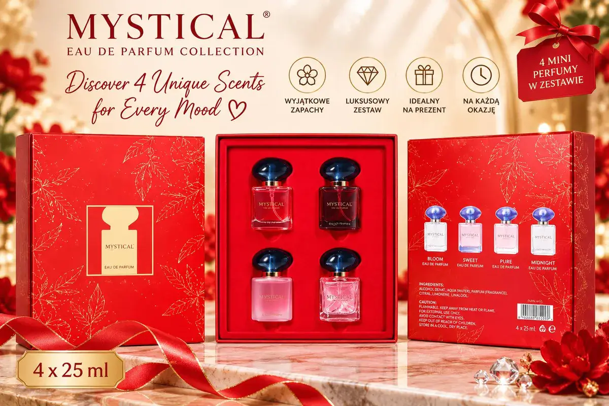 Mystical Zestaw 4 Mini Perfum 4x25 ml Elegancki Czerwony Box