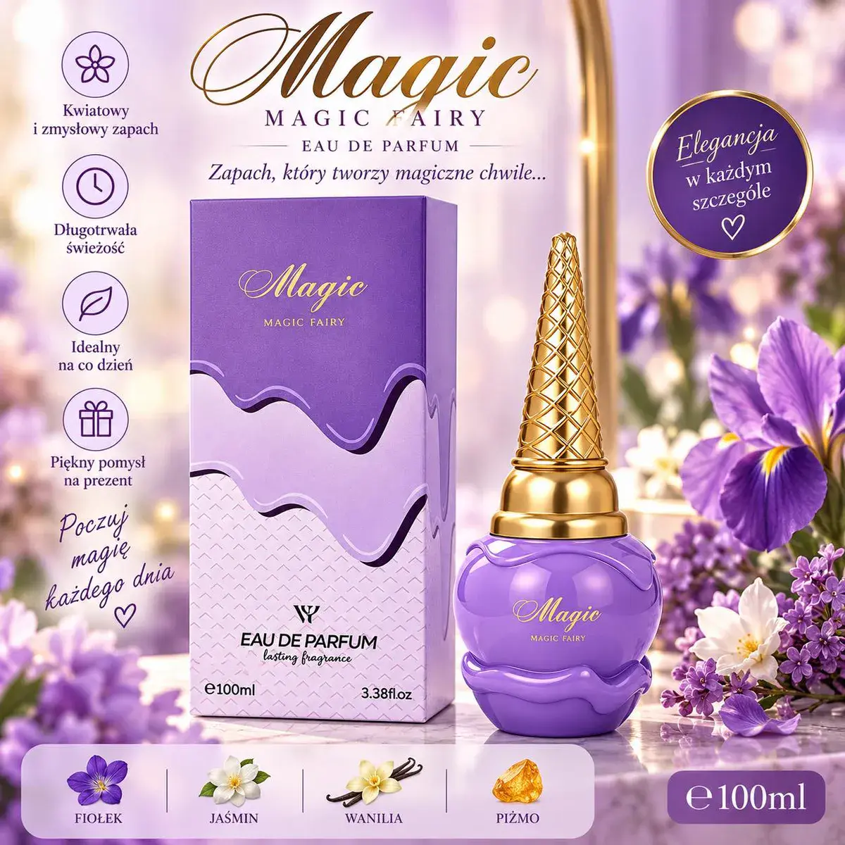 Perfumy Magic Fairy 100ml fioletowe z nutami fiołka i wanilii