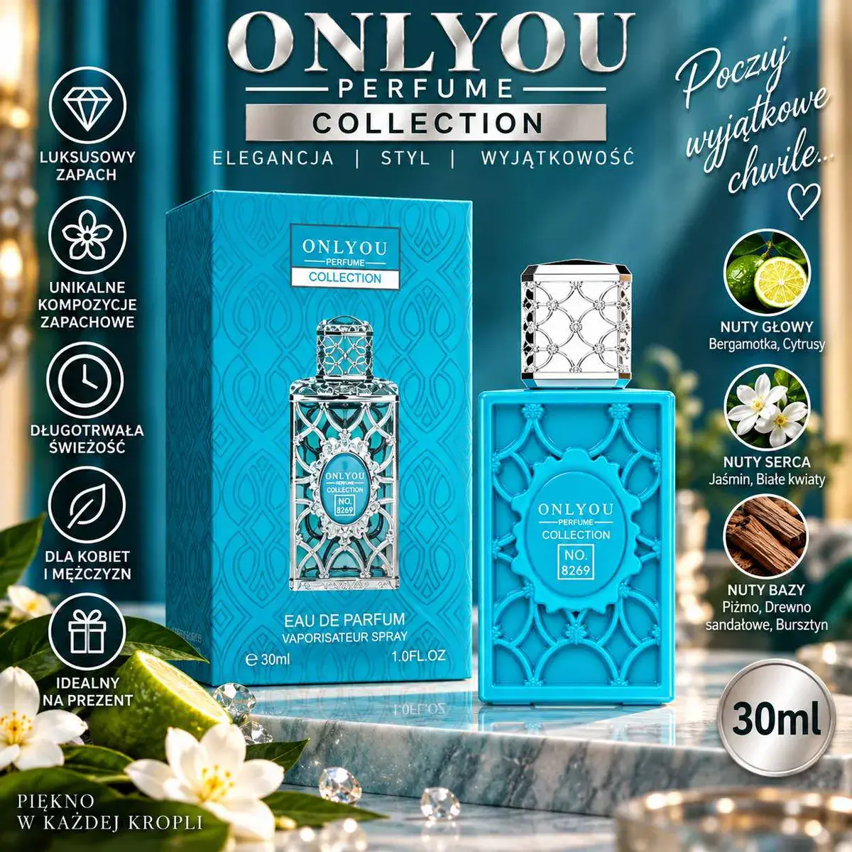 Perfumy OnlyYou Collection 30ml turkusowy flakon z eleganckim wzorem