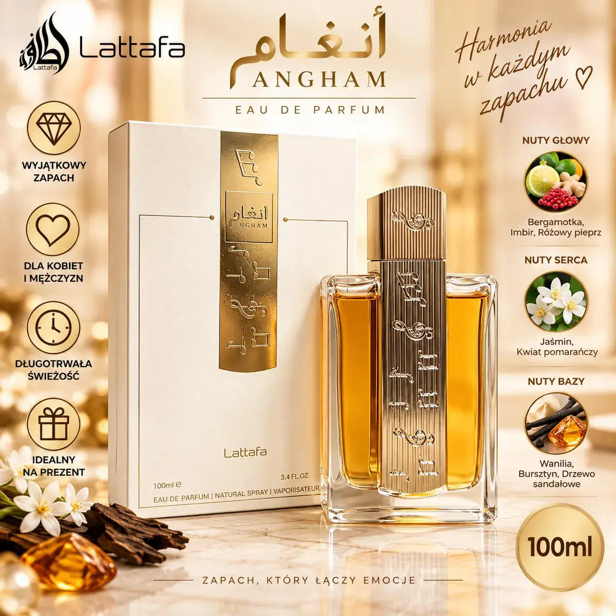 Perfumy Lattafa Angham 100ml unisex z nutami wanilii i bergamotki