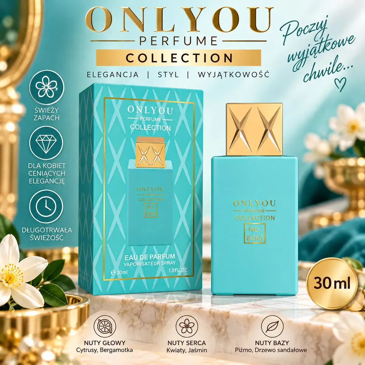 Perfumy Only You Collection 30ml turkusowe z złotą nakrętką