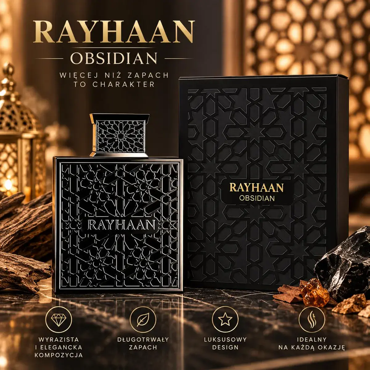 Rayhaan Obsidian Perfumy 100ml czarny luksusowy flakon
