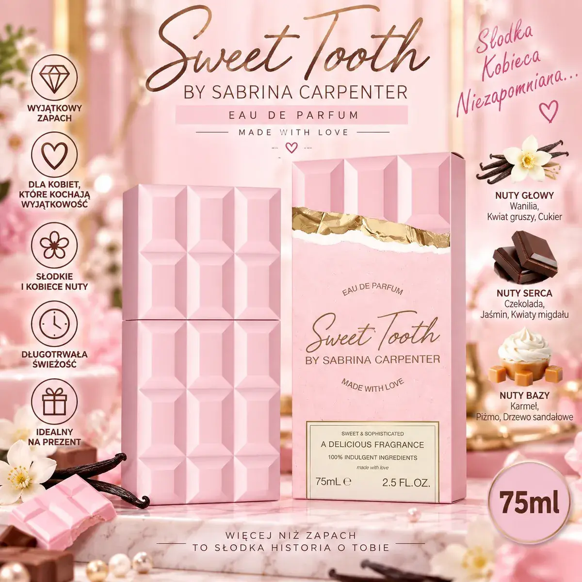 Perfumy Sweet Tooth 75ml różowe opakowanie czekolada wanilia