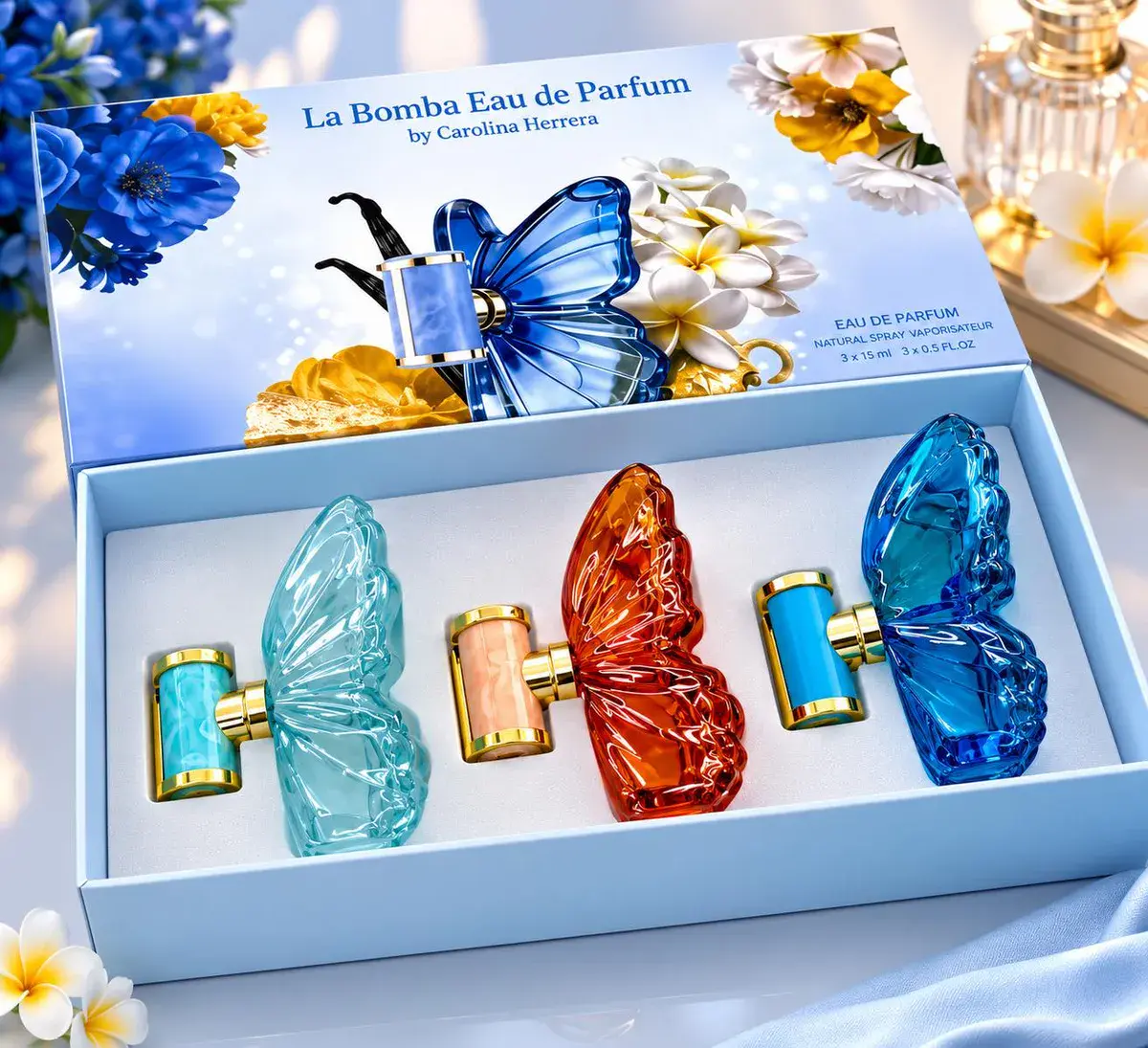Zestaw Perfum La Bomba 3x15ml z butelkami motyl w kolorze niebieskim