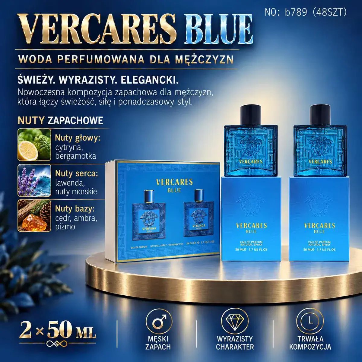 VERCARES BLUE woda perfumowana męska 2x50 ml świeży zapach