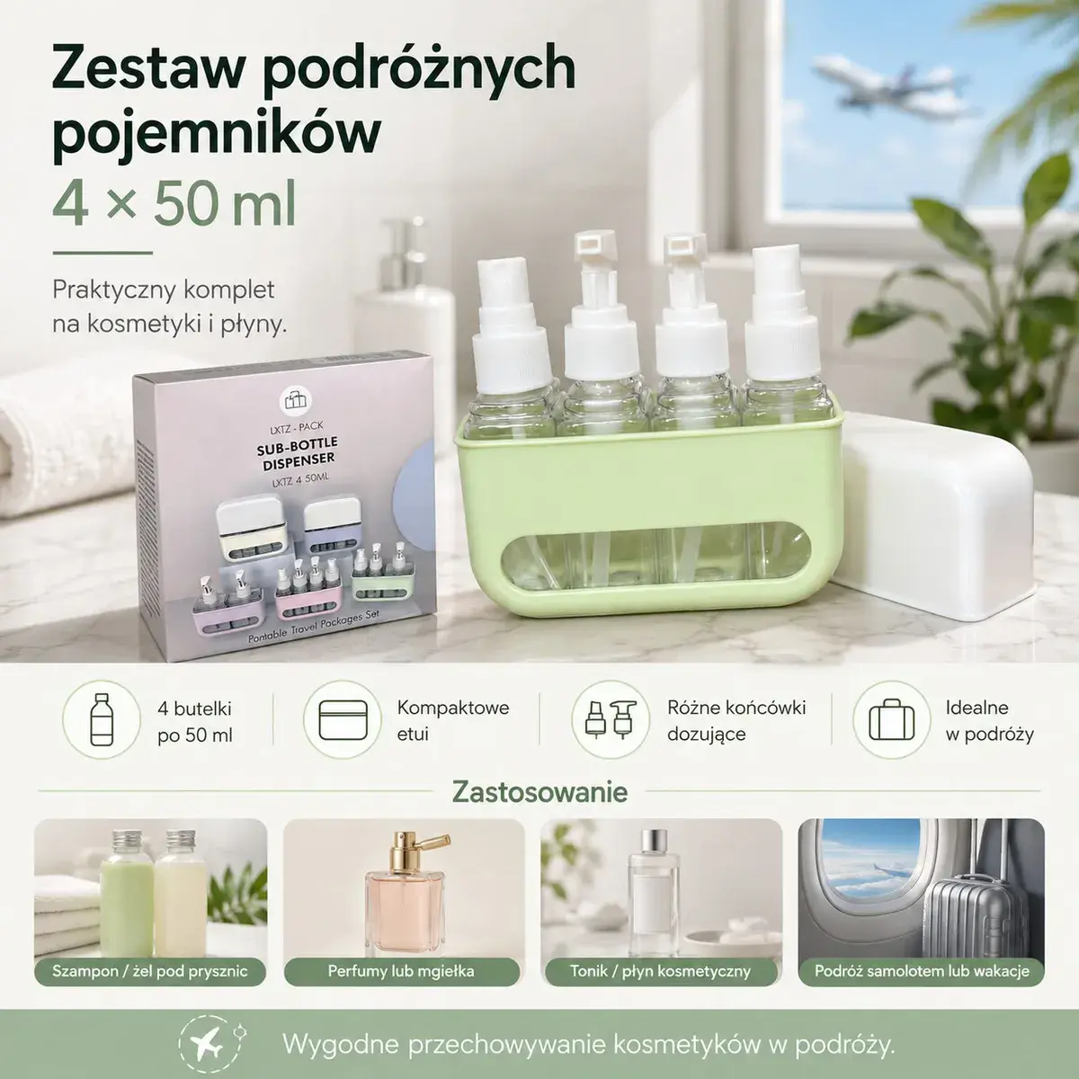 Zestaw pojemników podróżnych na kosmetyki 4 × 50 ml z etui zielonym