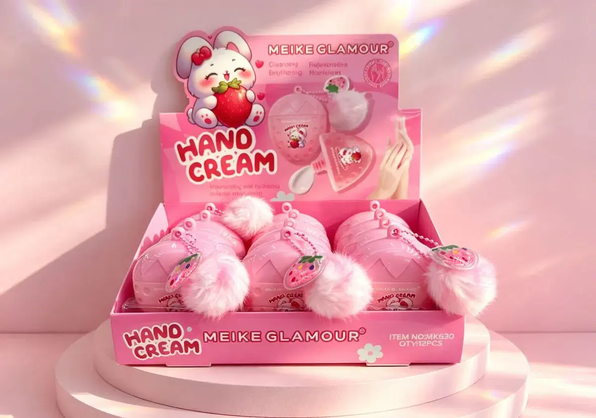 Różowy krem do rąk Meike Glamour z pomponem 12 sztuk