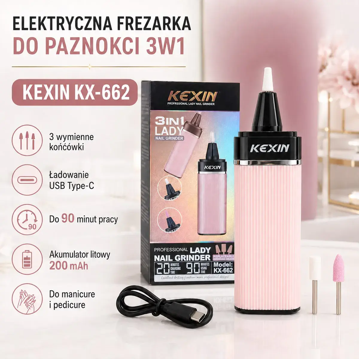 Elektryczna frezarka do paznokci KEXIN KX-662 różowa 3w1 USB-C