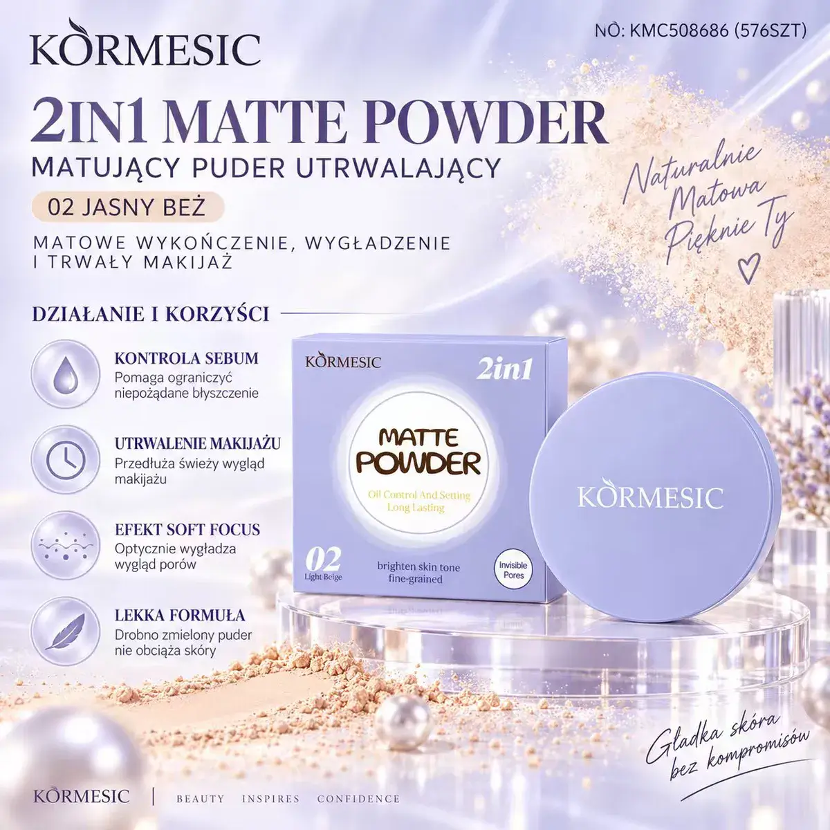 KORMESIC 2in1 Matte Powder Matujący Puder Utrwalający 02 Jasny Beż