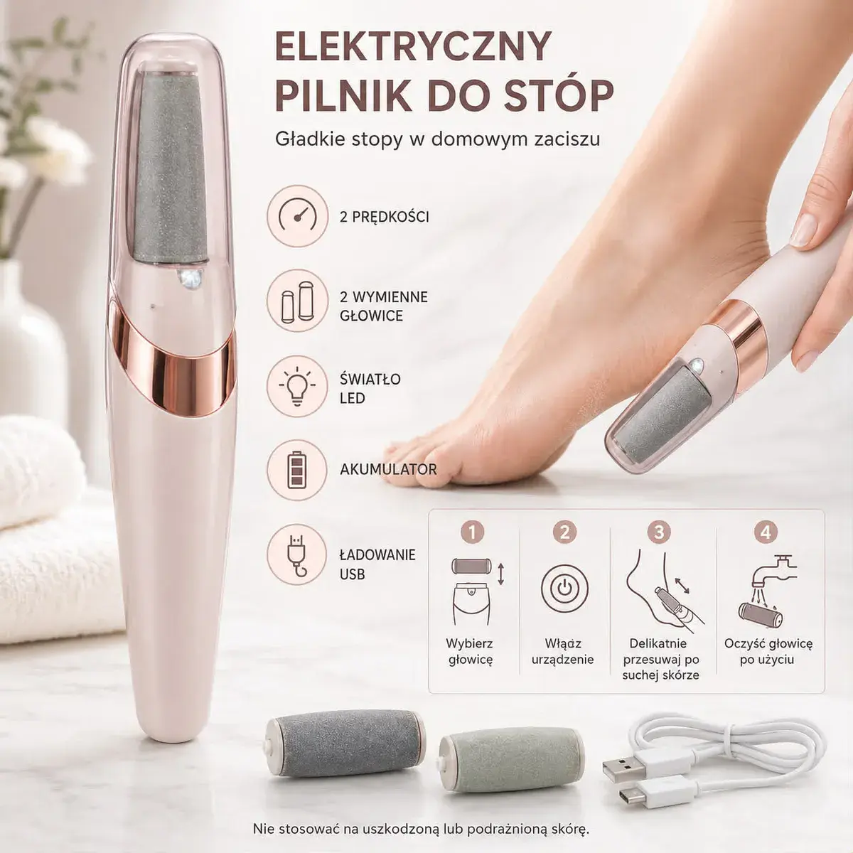Elektryczny pilnik do stóp z 2 wymiennymi głowicami i ładowaniem USB
