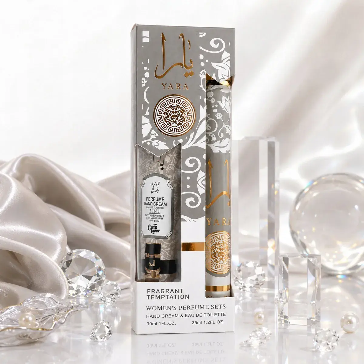 Zestaw perfumetki i kremu do rąk YARA Fragrant Temptation szary