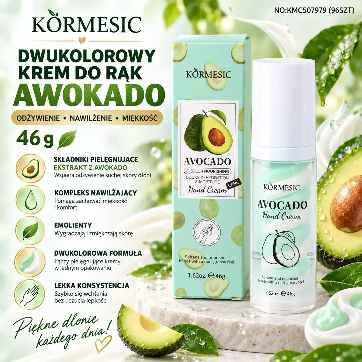 Dwukolorowy krem do rąk KORMESIC Awokado 46g nawilżający