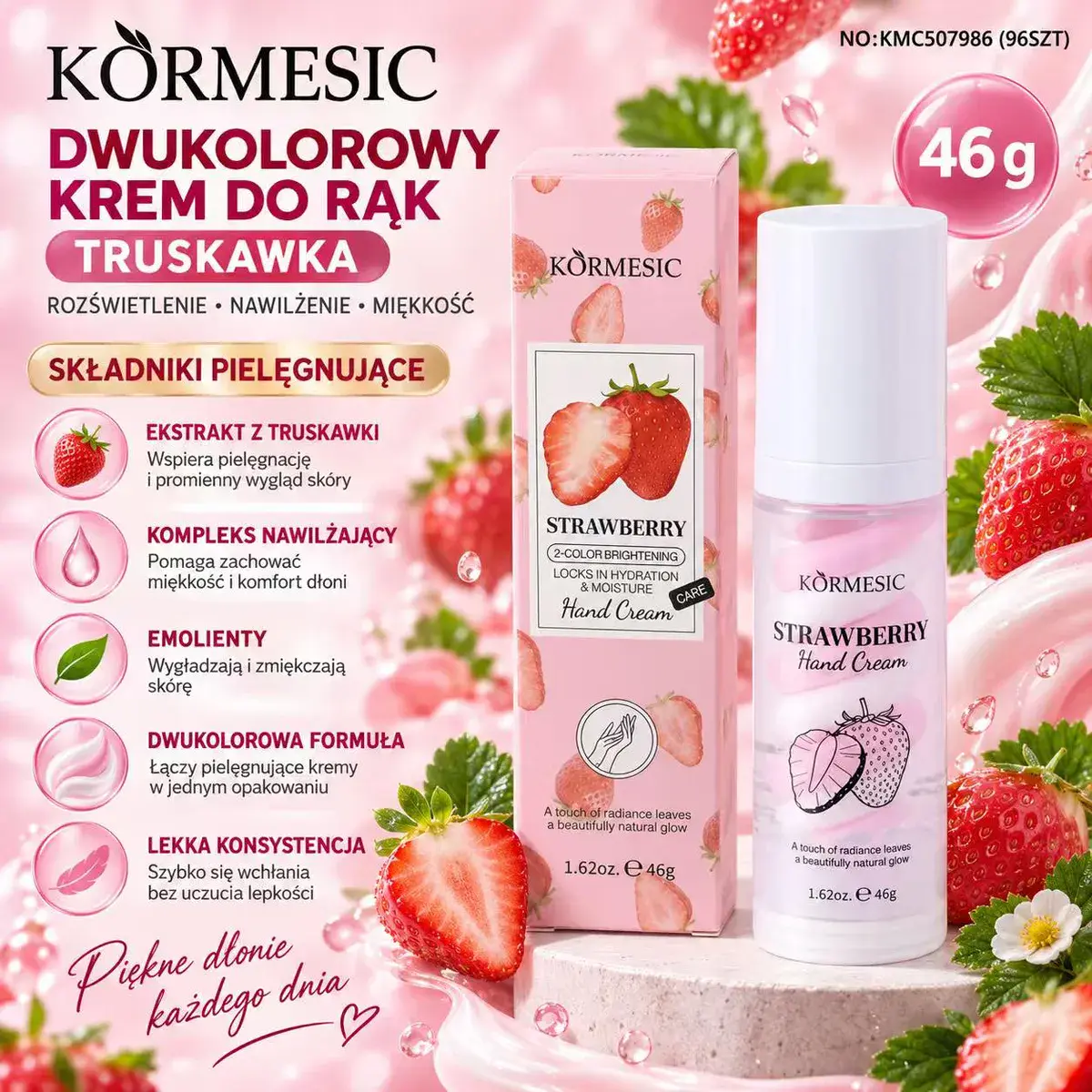Dwukolorowy krem do rąk Kormesic Truskawka 46g nawilżający