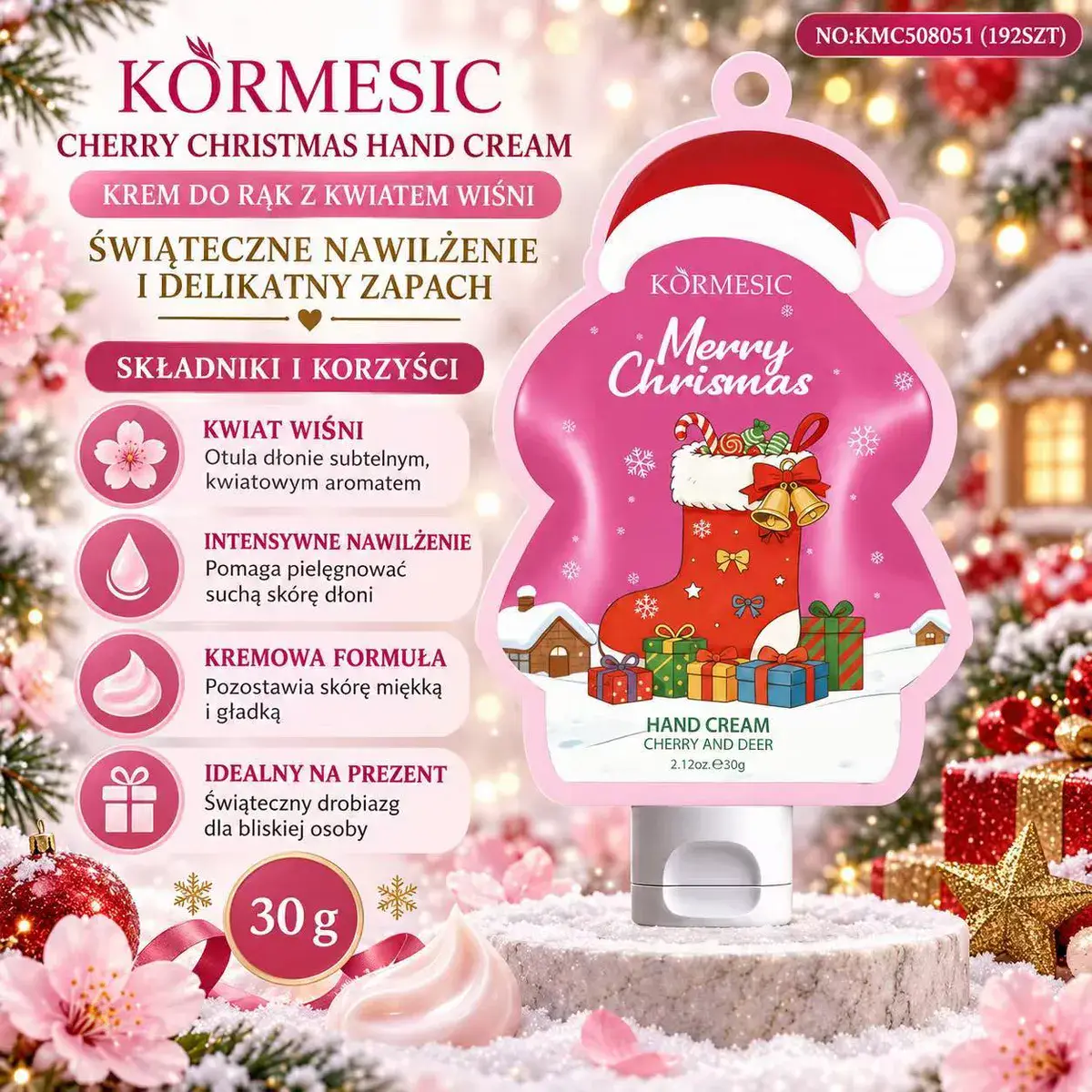 Krem do rąk Kormesic Cherry Christmas 30g z kwiatem wiśni